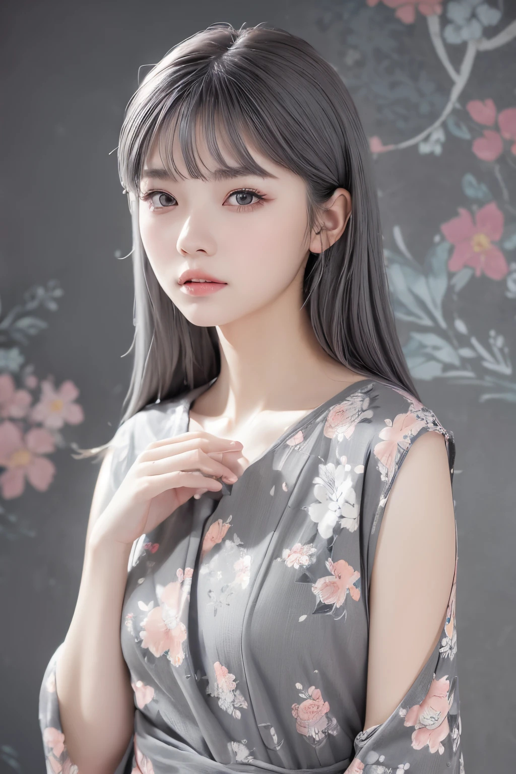 (((gray floral background:1.3)))、Best Quality, masutepiece, High resolution, (((1girl in))), sixteen years old,(((Eyes are gray:1.3)))、Gray dress、((gray shirt:1.3、Gray Block Dress)), Tindall Effect, Realistic, Shadow Studio,Ultramarine Lighting, dual-tone lighting, (High Detail Skins: 1.2)、Pale colored lighting、Dark lighting、 Digital SLR, Photo, High resolution, 4K, 8K, Background blur,Fade out beautifully、gray flower world