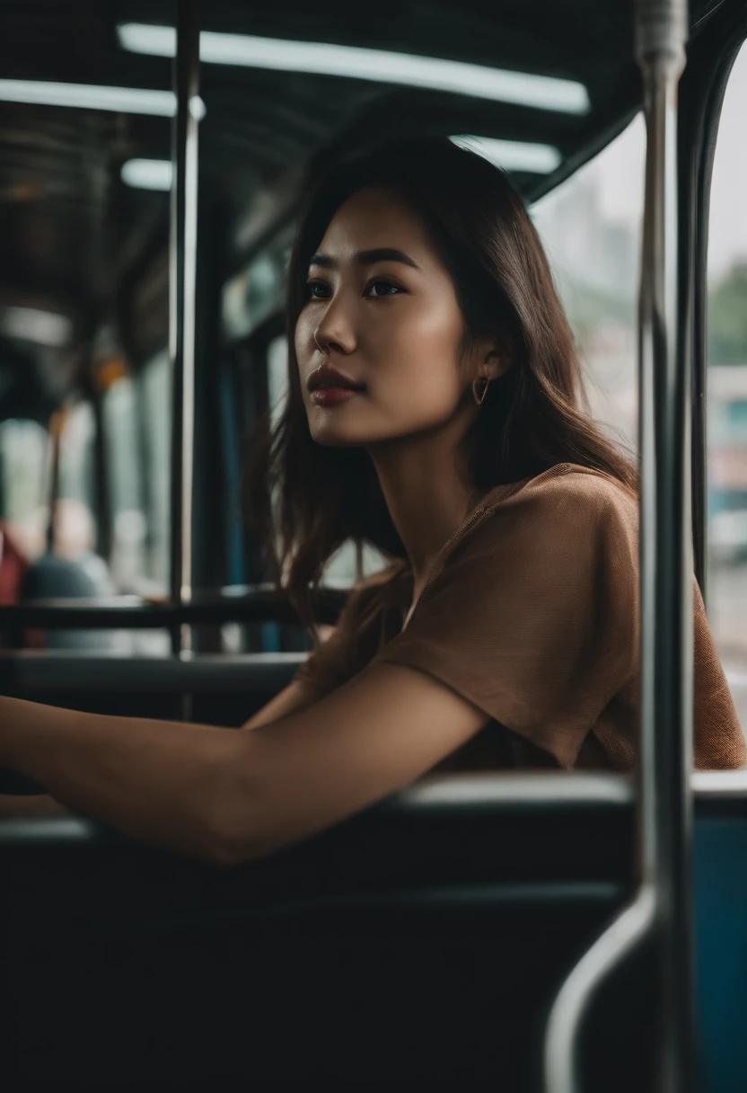 asian posing on bus in bangkok , instagram