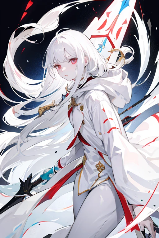 White hair, Fair skin, Albino women, Bangs, Long hair, White clothes, coat, spear, Holding a weapon Sign with one hand