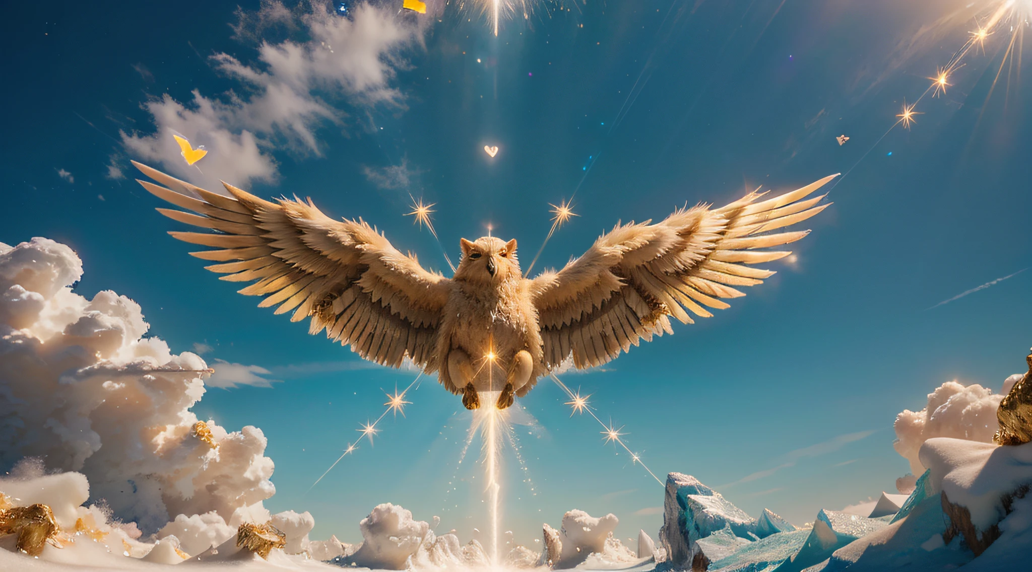a big fluffy yellow heart in clouds, with wings,with a golden border on the edges with colored feathers,frozen inside,covered with ice,bubbles,bright rays shine,lightning,clear detail,8k Crystalloluminescence, Electroluminescence