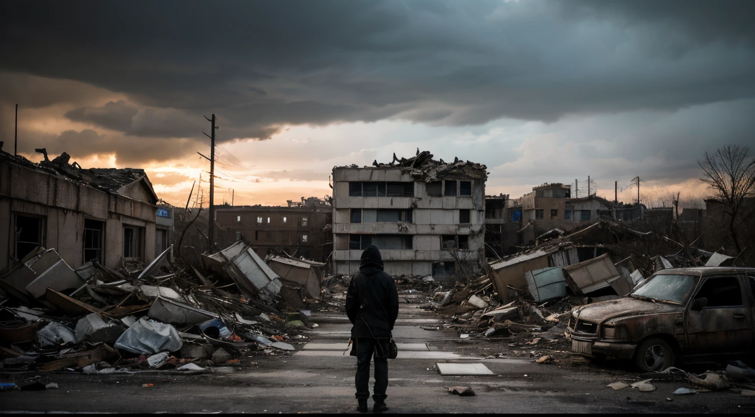 best quality,4k,8k,highres,masterpiece:1.2,ultra-detailed,realistic,hdr,war torn landscape,ruined buildings,dark clouds,smoke-filled air,twisted trees,crumbling structures,damaged roads,broken windows,desolate atmosphere,debris scattered,war-damaged vehicles,barbed wire,abandoned belongings,destroyed cityscape,burnt rubble,haunting silence,ominous sky,desolation,devastation,broken dreams,lost hope,post-apocalyptic scene,concrete jungle,desperate survival,gritty,tattered flags,grim atmosphere,remnants of civilization,scarred land,loneliness,despair,uncertainty,lone soldier standing,strong resolve,gritty details,harsh reality,ominous silence,war-torn memories,contrast of destruction and nature,abandoned hospitals and schools,dark shadows,muted colors,heavy atmosphere,absence of life,ghostly presence,unforgettable scars