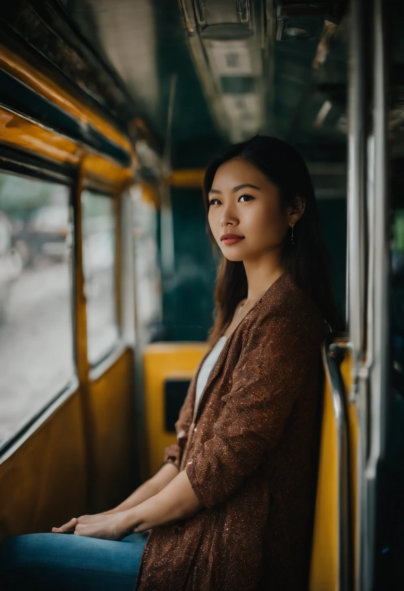asian young woman posing on bus in bangkok , instagram