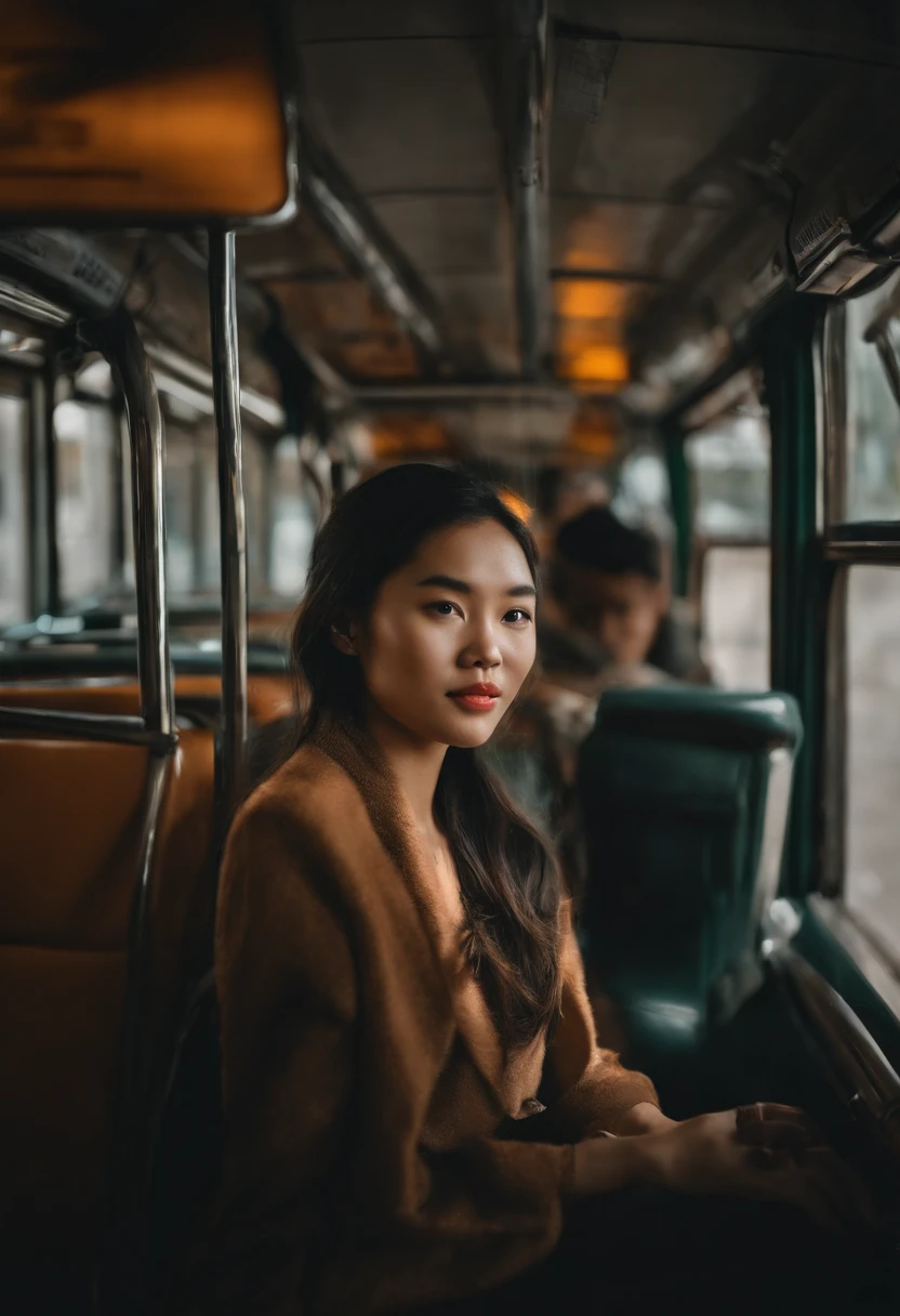 asian young woman posing on bus in bangkok , instagram