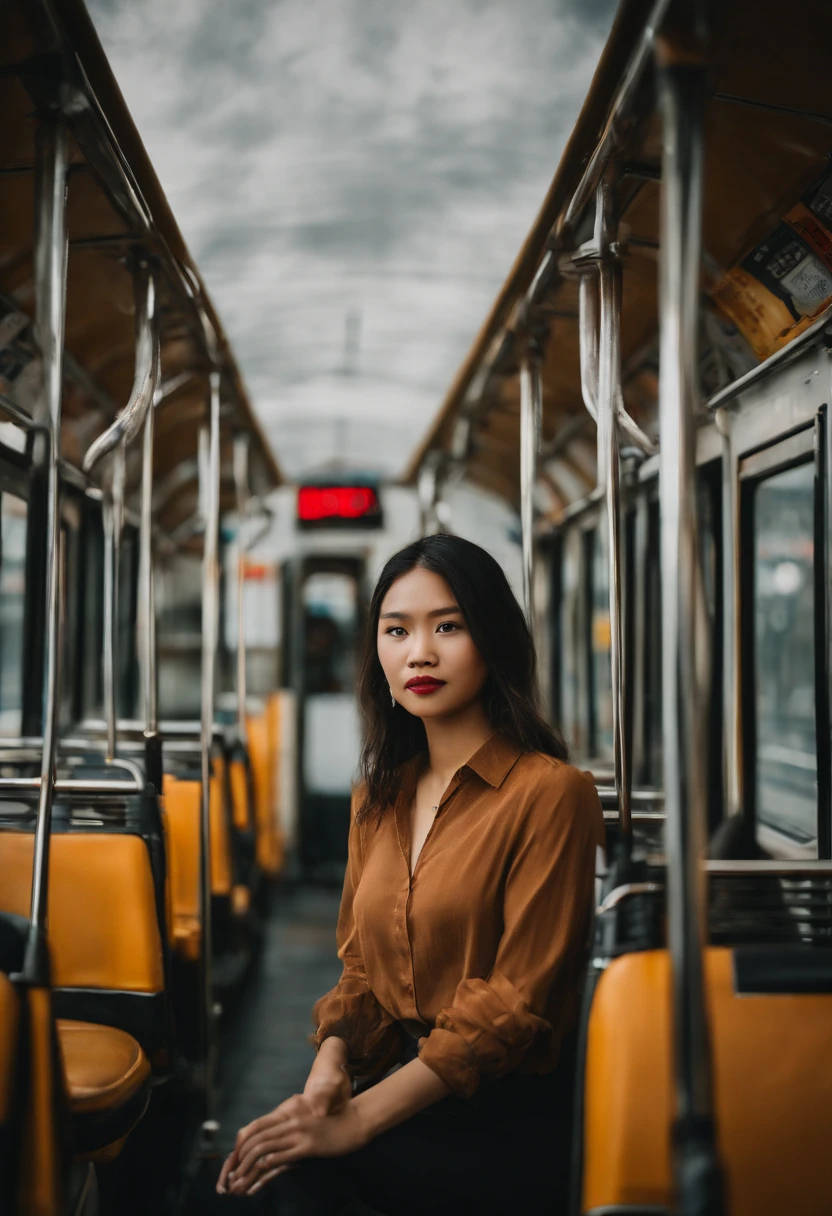 asian young woman posing on bus in bangkok , instagram