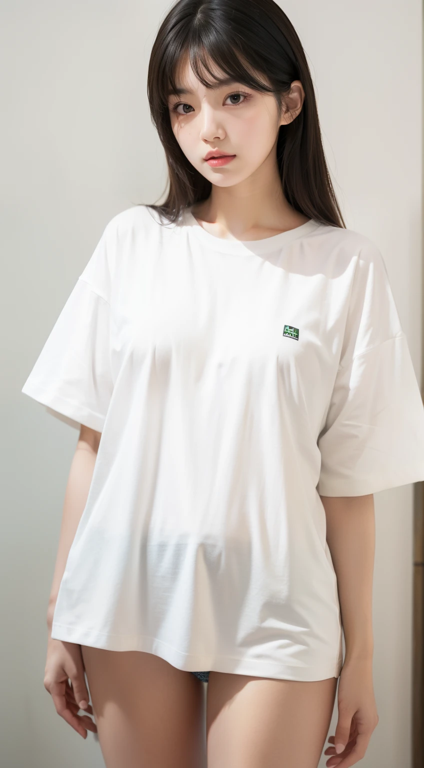 (RAW photo, Best quality), (Realistic, photo-realistic:1.2),High quality, (highdetailskin:1.4), 1girll,mediuml breasts,oversize T-shirt,no underwear, ulzzang -6500-v1.1