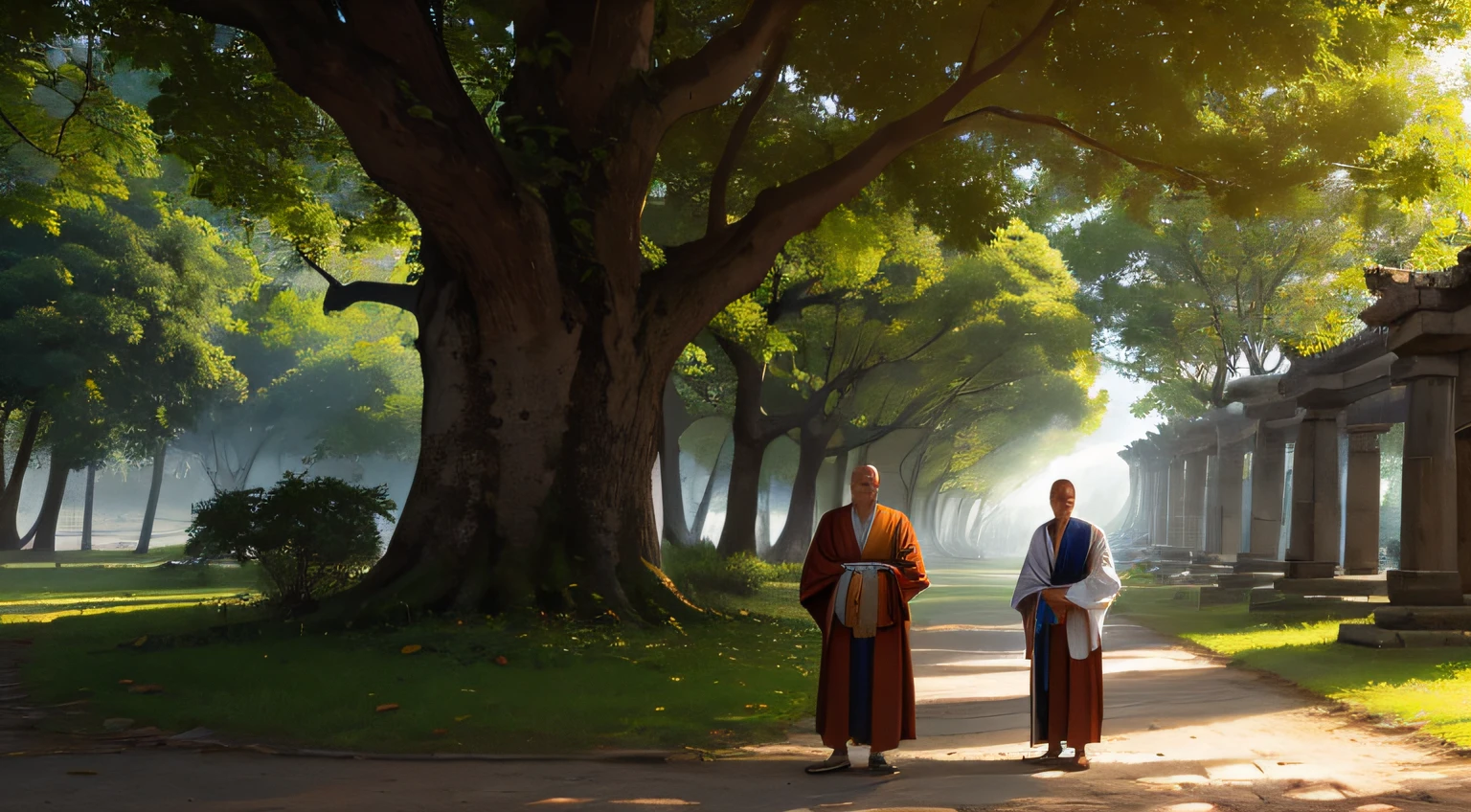 crie uma pintura, mostrando um mestre monge na sombra de um templo antigo, and his disciple, um jovem monge, the two are standing in the shadow of a very ancient temple, a imagem deve mostrar a luz do por do sol passando pelo templo antigo, the sun shines through the leaves of the trees, the master monk is wearing Buddhist clothes