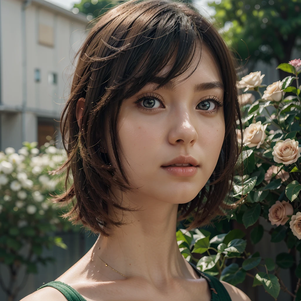 An anime girl with short blonde hair and dark green with a graceful figure, beautiful anime portrait, anime style 8K, beautiful anime girl, anime art wallpaper 8 K, beautiful anime artwork, flowers around her, super delicate, in line with common sense