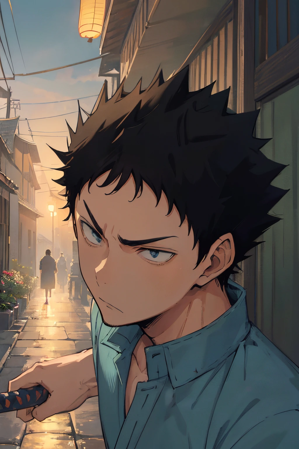 masterpiece, high quality, artistic, very detailed shading, artistic background,  perfect face, perfect hands, detailed background, iwaizumi, young man, ((spiky hair)), black hair, complex background, blue sky, frustrated, frowning, holding katana, fighting pose, dynamic pose, dim alley, dim lighting, alleyway, old Japanese village, night, nighttime, night scenery