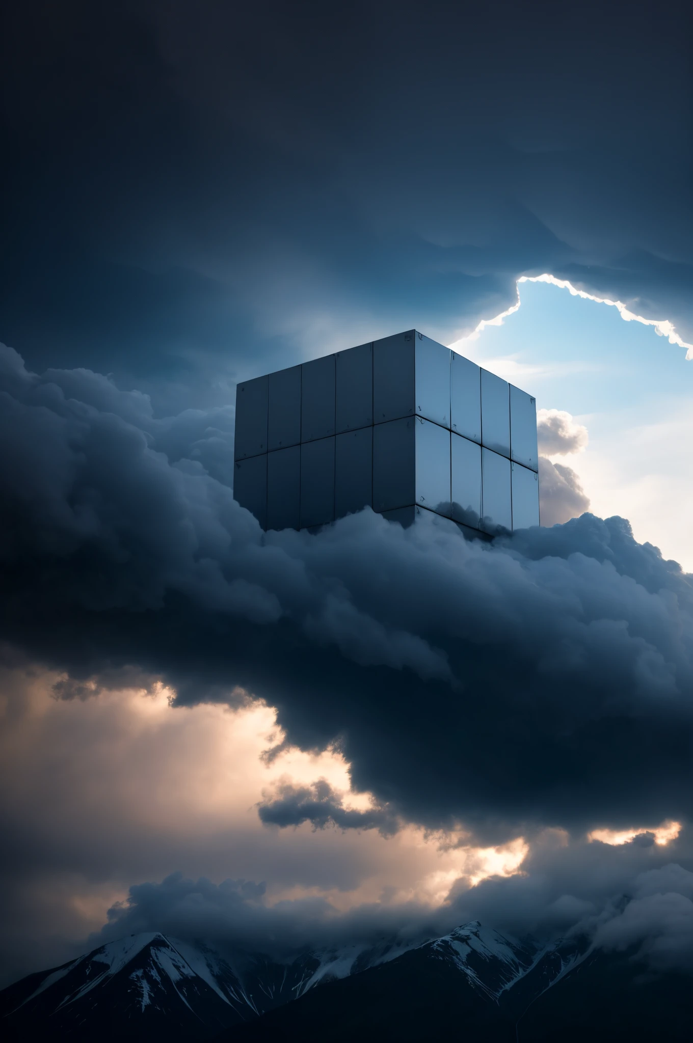 Giant steel cube resulting in a large cloud is seen over a snowy mountain range, epic clouds and godlike lighting, 4k super realista.