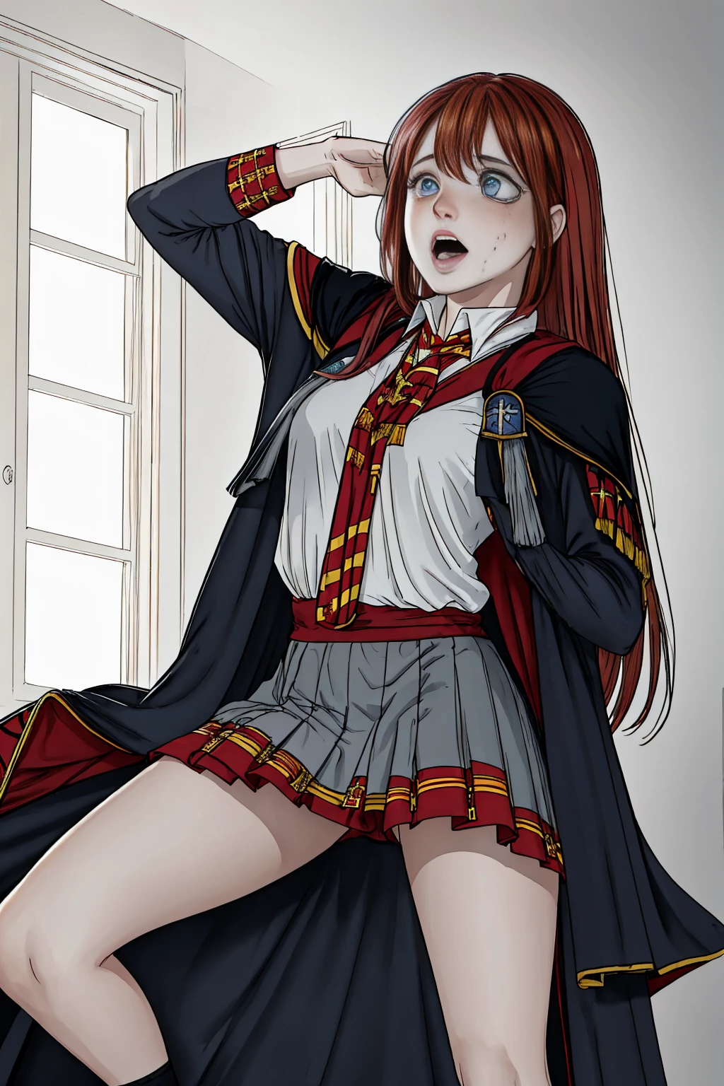 (far wide shot:1.5), 1girl, (solo:1.5), a beautiful picture of Ginny Weasley, ginwea1, wearing a uniform, masterpiece, photorealistic, detailed, 4k, HDR, backlighting, light, RAW color photo, soft skin, red hair, detailed face, blue eyes, striped scarf, short pleated skirt, black robe, medieval, (gryffindor:1.4), (ahegao:1.5), (ahg1:.5), (rolling eyes :1.5), hogsks, looking up, screaming, gasping, holding her breath, (fainting:1.5), spread legs, (breathless:1.5)