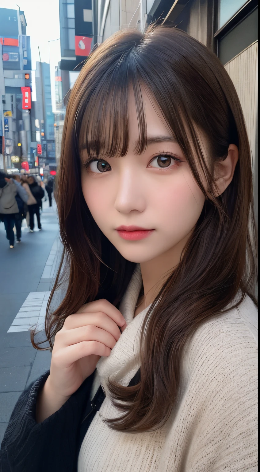 masutepiece, Best Quality, Illustration, Ultra-detailed, finely detail, hight resolution, 8K Wallpaper, Perfect dynamic composition, Beautiful detailed eyes, Winter clothes,Medium Hair,small tits,Natural Color Lip, Tokyo Station、20 years girl、Cute、Shot showing a sexy expression looking at the camera
