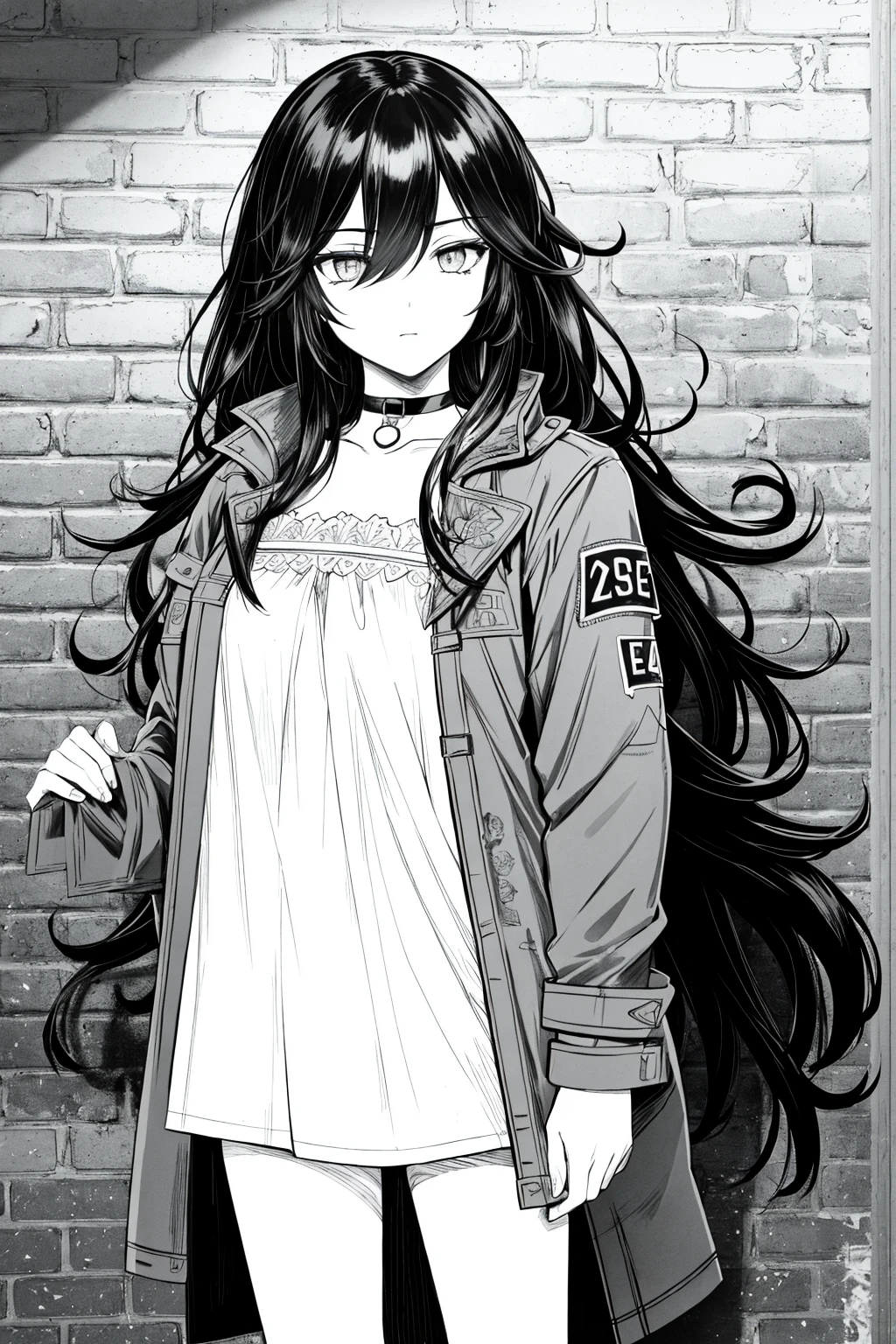 best quality, intricate details, lineart, monochrome,
1girl, long hair, black hair, messy hair, hair over one eye, sharp eyes,
choker, shirt, torn legwear, open jacket,
against wall, brick wall, graffiti, full lighting, alley
