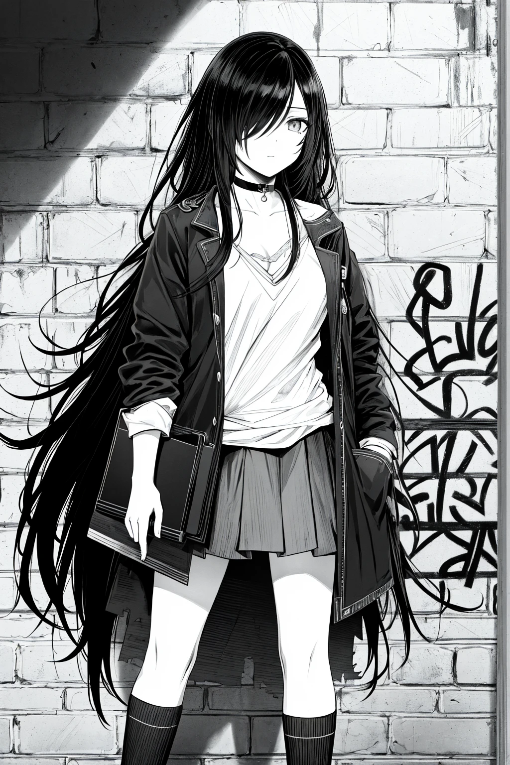 best quality, intricate details, lineart, monochrome,
1girl, long hair, black hair, messy hair, hair over one eye, sharp eyes,
choker, shirt, torn legwear, open jacket,
against wall, brick wall, graffiti, full lighting, alley