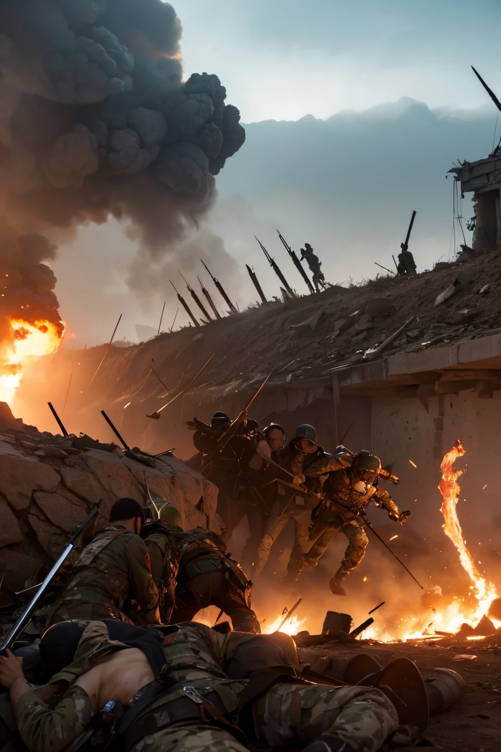 Realista, 4k, epic, Soldiers advancing against an enemy trench, metralhadora, Wounded soldiers lying on the ground, explosion, sangue, war tank destroyed, Grupo de soldados aliados, Grupo de Soldados Inimigos, luta, conflito, caotico