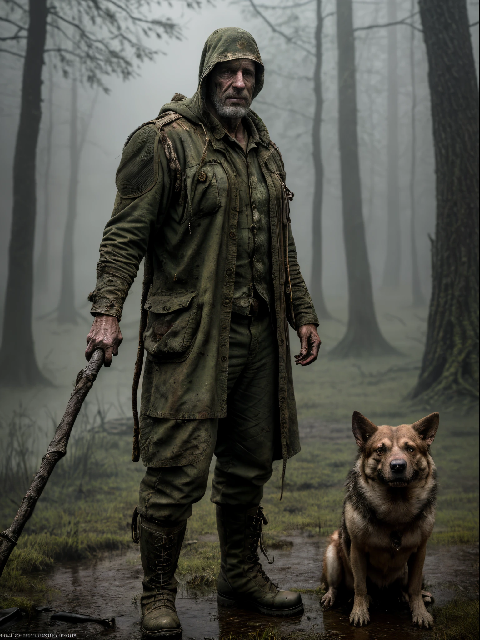 (Realistic:1.5), photorealistic, RAW photo, analog photo style, depth of field, ultra detailed portrait of Swamp Dictor, detailed frown face, dressed in dirty tattered military clothing with hood, 40 years old, he holding a long wooden staff in hand and looking on mutant dog nearly his foots, they are surrounded by a gloomy, foggy hollow, from which chilling sounds can be heard, dinamic pose, atmosphere from "S.T.A.L.K.E.R", faded cinematic colors