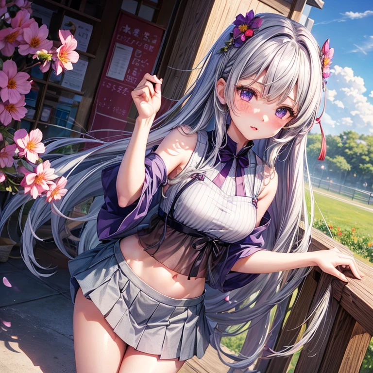 逼真、女の子 1 人、Long grey hair、Purple eyes、radiant eyes、croptop、a miniskirt、Parted lips、red blush、natta、florals、suns、sunlights