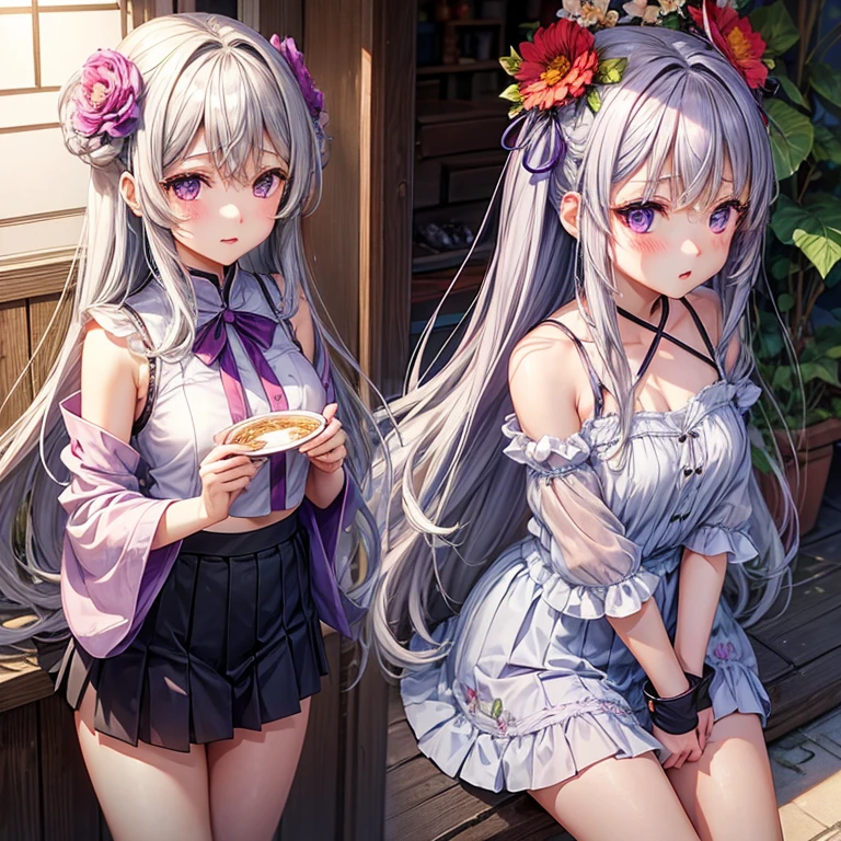 逼真、 1 人、Long grey hair、Purple eyes、radiant eyes、croptop、a miniskirt、Parted lips、red blush、natta、florals、suns、sunlights