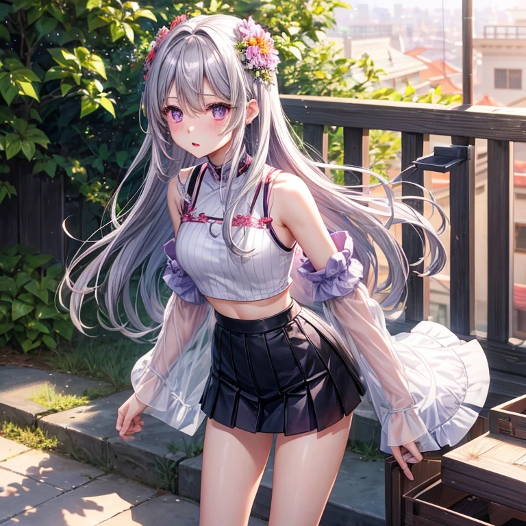 逼真、 1 人、Long grey hair、Purple eyes、radiant eyes、croptop、a miniskirt、Parted lips、red blush、natta、florals、suns、sunlights