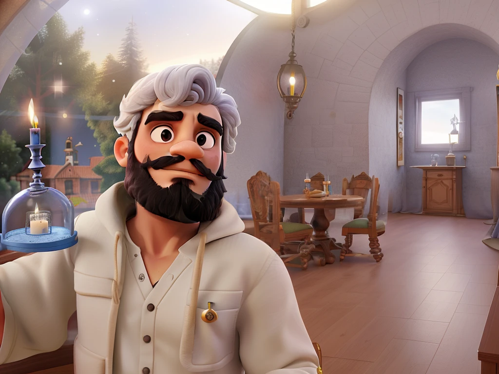 Um homem vestindo um terno como o do Jack skellington, veste uma capa de bruxo prata, On the side a small round table with a golden candlestick and in the background a window, cortinas cor de vinho, poses while looking at the camera sideways, cabelos pretos, rosto sem barba, rosto magro, In his hand a dark Zul umbrella, The sky that appears in the window is dark and starry