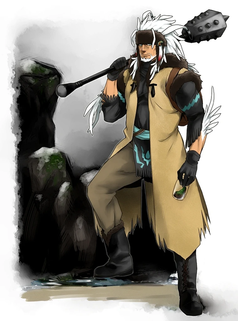 tunic, long hair, silver hair, living hair, mature male, mustache, hammer holding,