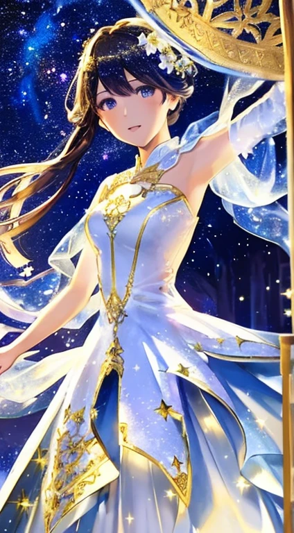 (top-quality, masterpiece, hight resolution), ((Fantastical))、There is a dress on a mannequin stand with light、(美丽的面容)、Beautiful hair、Starry sky adorns hair, Stars in the eyes, translucent dress, white royal dress, Elegant white dress, fantasy dress, Elegant dress, magical dress, romantic dress, intricate fantasy dress, with shining flowers、meteors, Stars, milkyway, Starcloud, embroidery, Backlight、amazing splash、 Luminous,