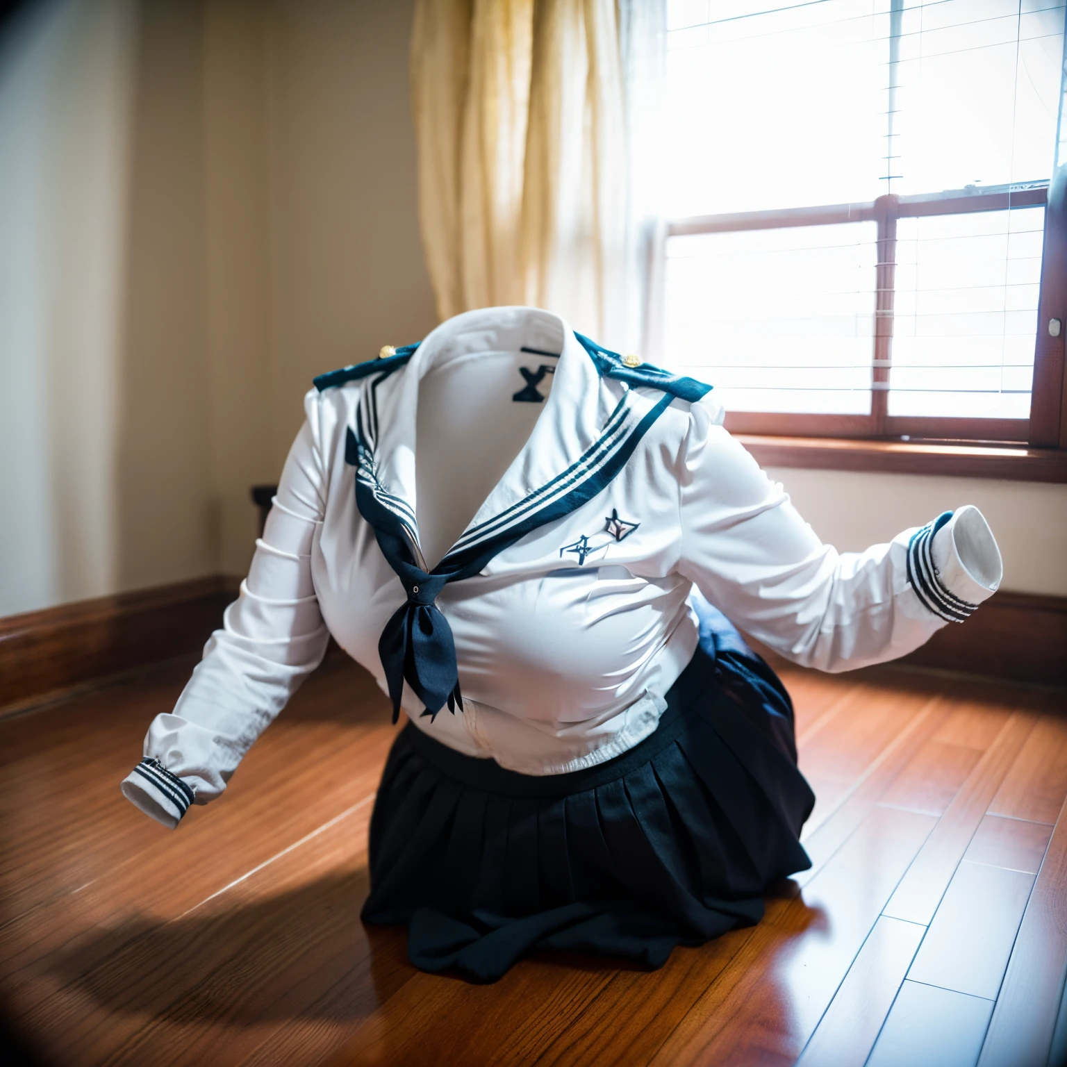chubby, fat, sailor suit, school uniform, classroom, high school, ((Seductive pose)), (invisible:1.5, no humans:1.5, headless:1.5, faceless:1.5), ((cute huge breasts)), (8k, RAW photo, best quality, masterpiece:1.2), (realistic, photo-realistic:1.37), photon mapping, radiosity, ((Hasselblad photography)), physically-based rendering
