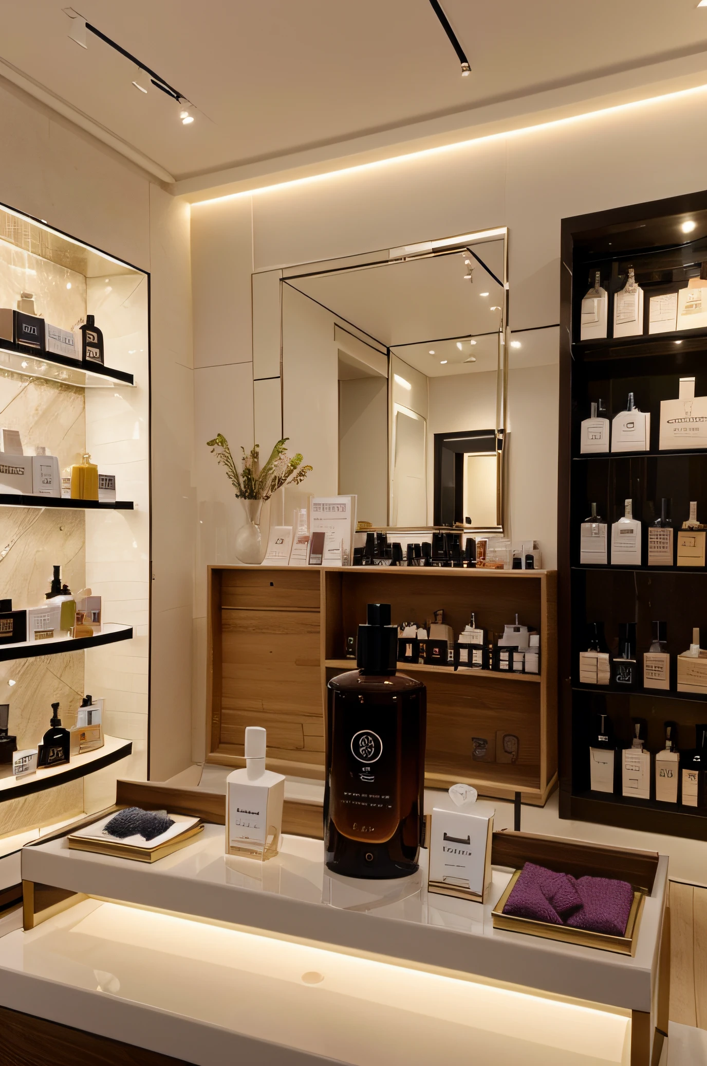 une image d'une élégante boutique de parfums qui se focalise seulement sur la boutique et les parfums, sans aucun être humain