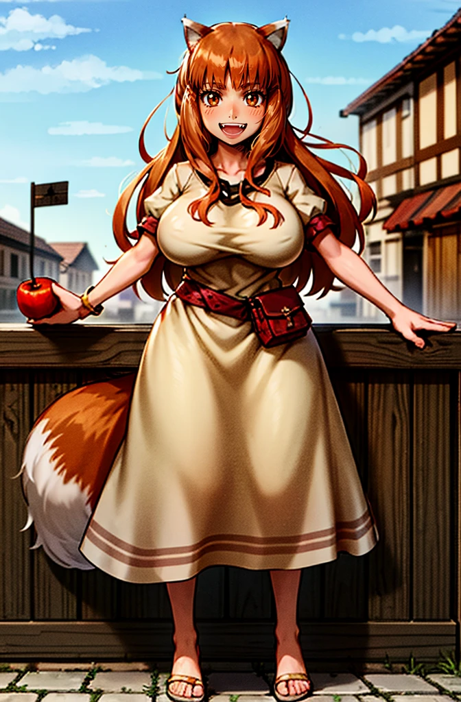 (holo:1.5), (holoBrownDress:1.5), masterpiece, best quality, absurdres, 1girl, looking at viewer, standing, cowboy shot, outdoors, medieval, cobblestone street, town, pouch, sash, smile, fruit, apple, basket,huge breast, curvy, silver hair, white hair, full body, flipflops,, smiling open mouth, fengs, teeth