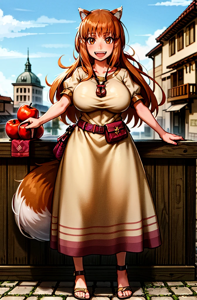 (holo:1.5), (holoBrownDress:1.5), masterpiece, best quality, absurdres, 1girl, looking at viewer, standing, cowboy shot, outdoors, medieval, cobblestone street, town, pouch, sash, smile, fruit, apple, basket,huge breast, curvy, silver hair, white hair, full body, flipflops,, smiling open mouth, fengs, teeth