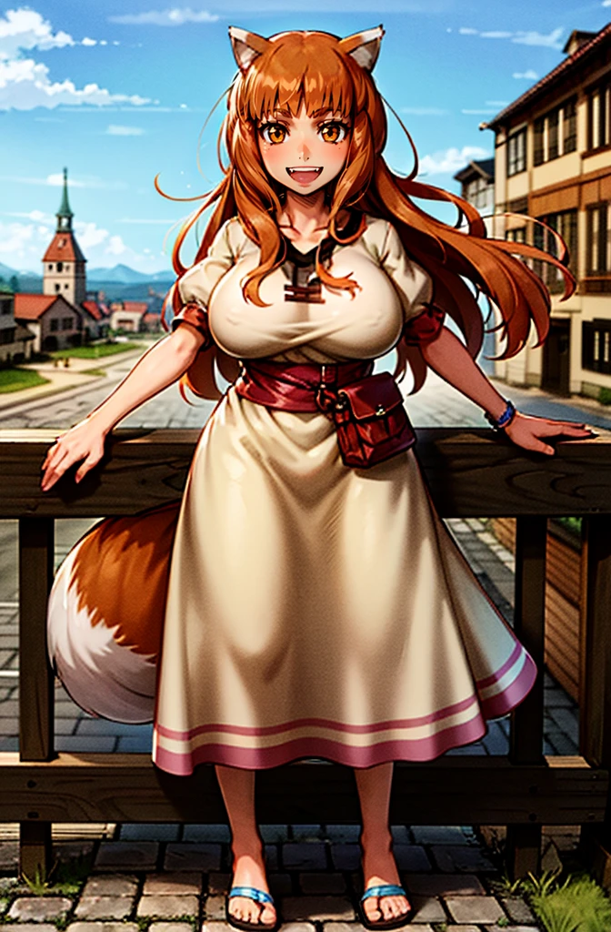 (holo:1.5), (holoBrownDress:1.5), masterpiece, best quality, absurdres, 1girl, looking at viewer, standing, cowboy shot, outdoors, medieval, cobblestone street, town, pouch, sash, smile, fruit, apple, basket,huge breast, curvy, silver hair, white hair, full body, flipflops,, smiling open mouth, fengs, teeth