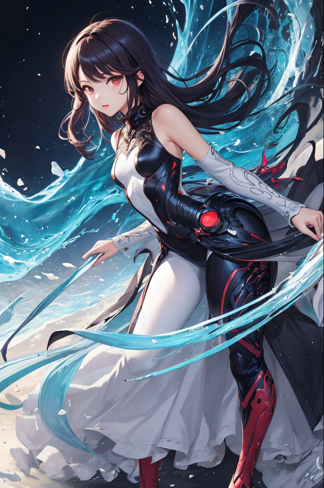 Super detailed anime illustrations、2D Beautiful Girl、top-quality、Top image quality、​masterpiece、超A high resolution、android beautiful girl、sixteen years old, Glowing red cyber suit, Red energy source on the chest、Blue long-haired,Red eyes、A slender、The face is depicted in detail、The eyes are drawn in great detail、The clothes are also depicted in detail、hiquality、Beautiful Art、Fantastic Universe、Elaborate design、soio、Knights、animesque、illustratio、Full body front