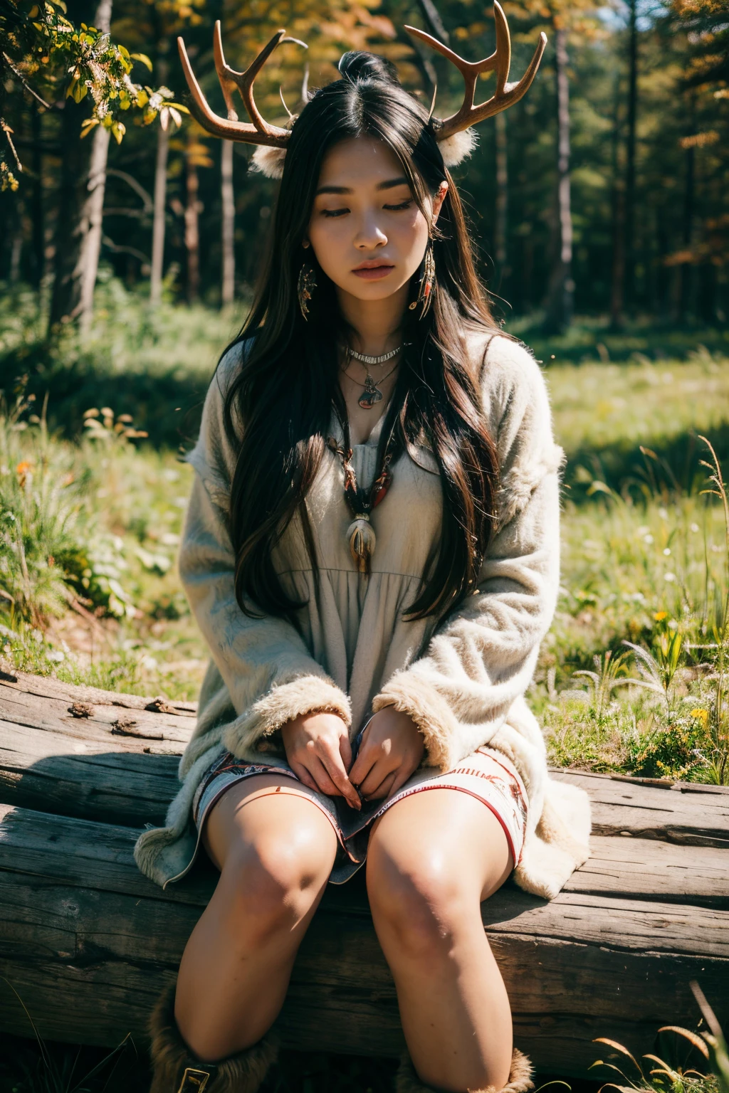 8k, highest quality, ultra details, North American indigenous woman, autumn forest setting, elk skin dress, moccasins, dreamcatcher jewelry, serene and contemplative gaze, wisdom and spirituality