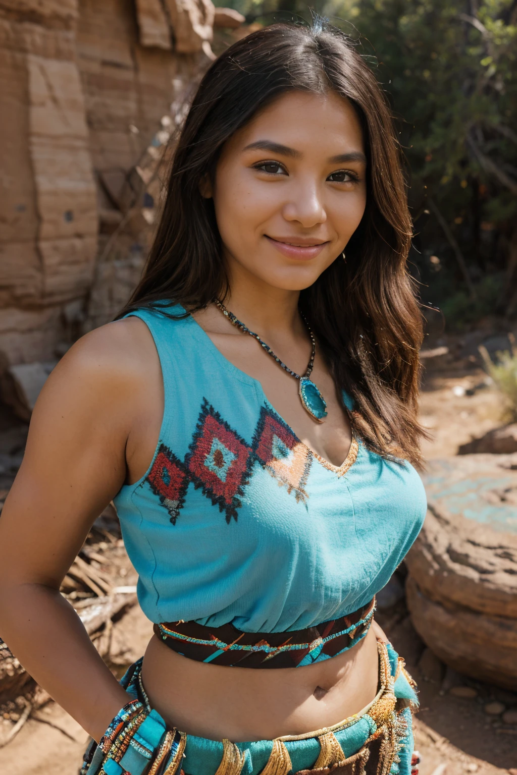 8k, highest quality, ultra details, North American indigenous woman, canyon landscape, Navajo-inspired clothing, turquoise jewelry, radiant smile, harmony with nature and ancestral traditions