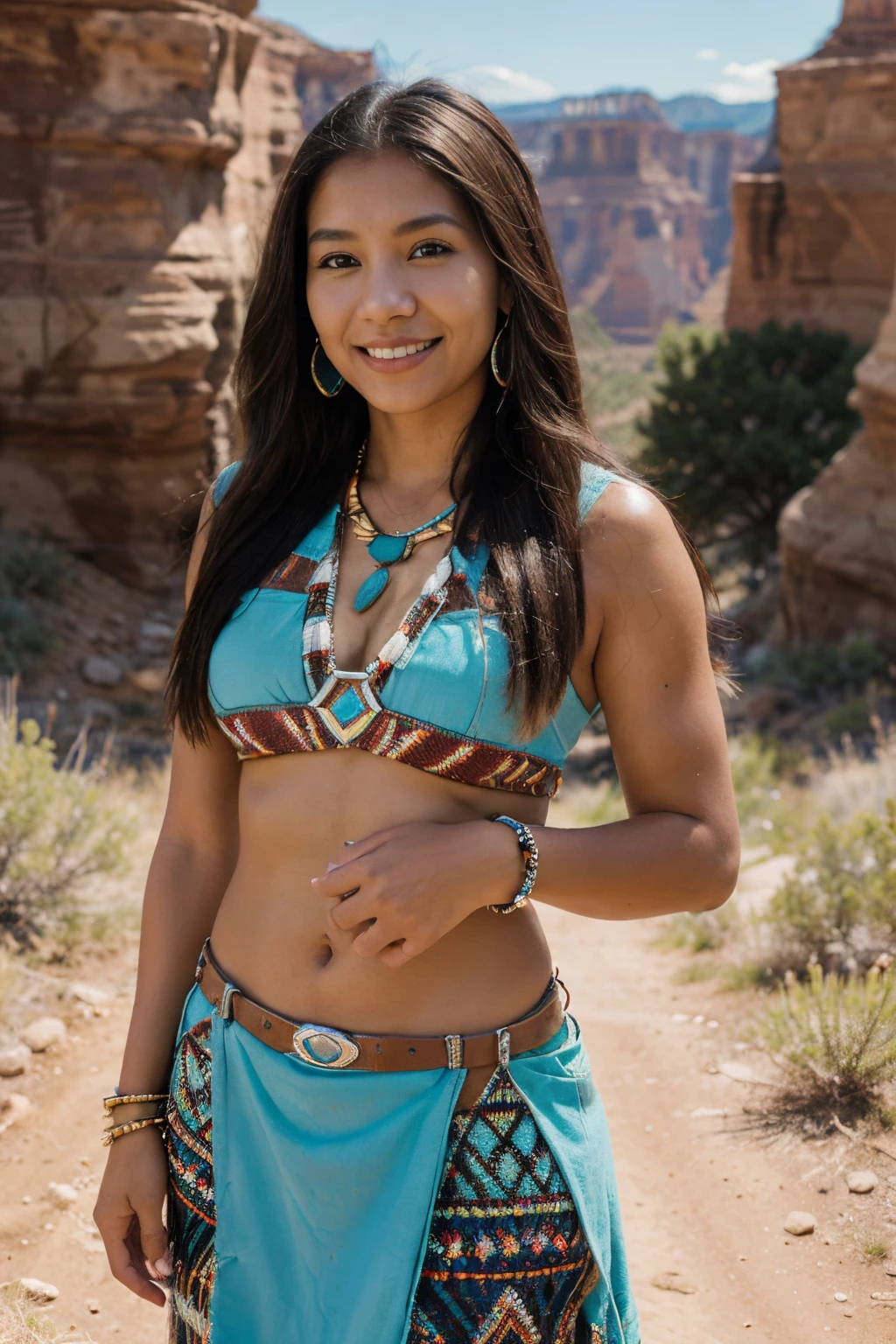 8k, highest quality, ultra details, North American indigenous woman, canyon landscape, Navajo-inspired clothing, turquoise jewelry, radiant smile, harmony with nature and ancestral traditions