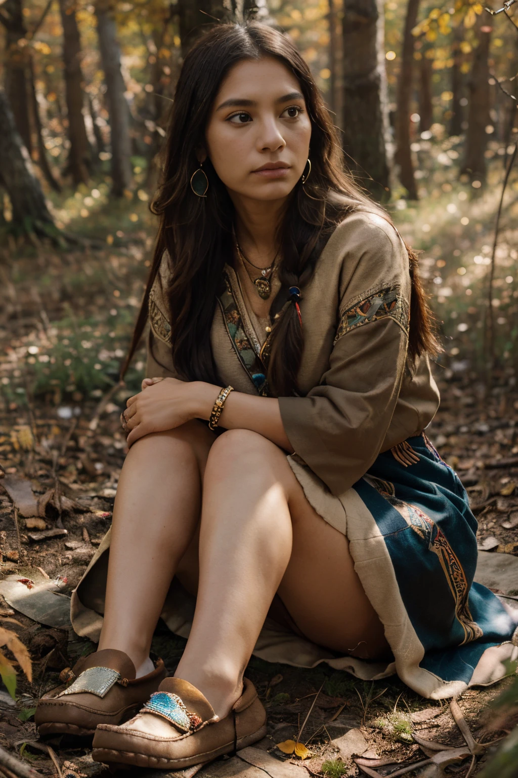 8k, highest quality, ultra details, North American indigenous woman, autumn forest setting, elk skin dress, moccasins, dreamcatcher jewelry, serene and contemplative gaze, wisdom and spirituality