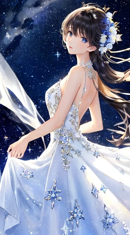 (top-quality, ​masterpiece, hight resolution), ((Fantastical))、There is a dress on a mannequin stand with light、(美丽的面容)、Beautiful hair、Starry sky adorns hair, Stars in the eyes,  translucent  dress, white royal dress, Elegant white dress, fantasy dress, Elegant dress, magical dress, romantic dress, intricate fantasy dress, with shining flowers、meteors, Stars, milkyway, Starcloud, embroidery, Backlight、amazing splash、 Luminous,