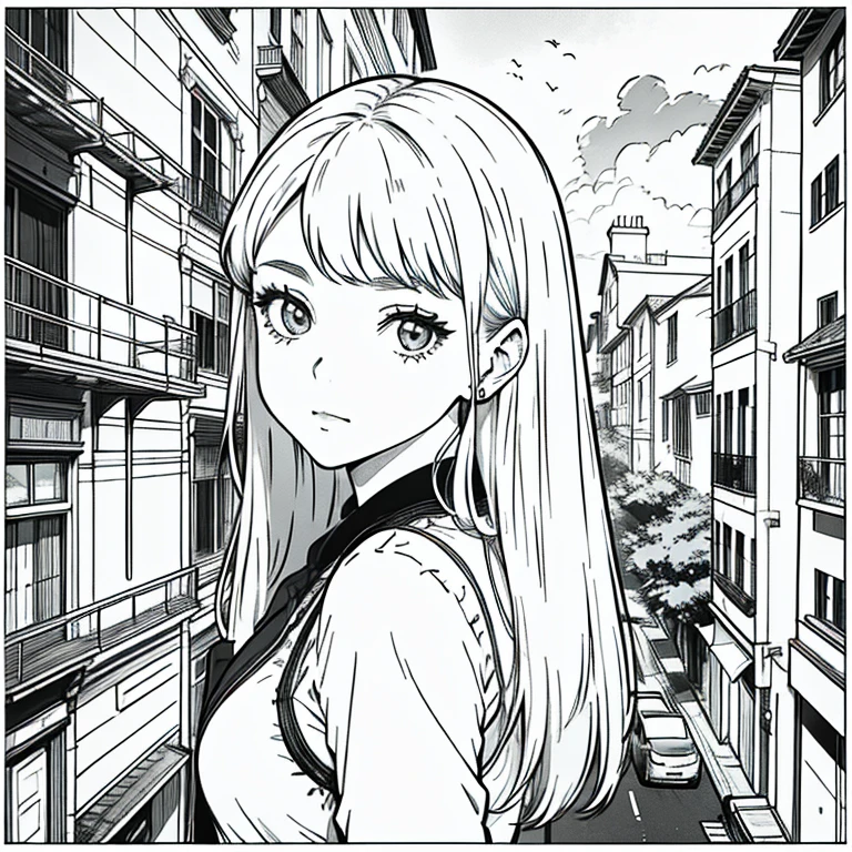 obra maestra, mejor calidad, A girl in a city, primer plano Arte lineal, Monocromo