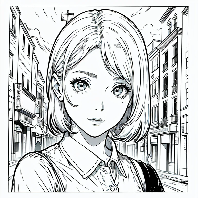obra maestra, mejor calidad, A girl in a city, primer plano Arte lineal, Monocromo