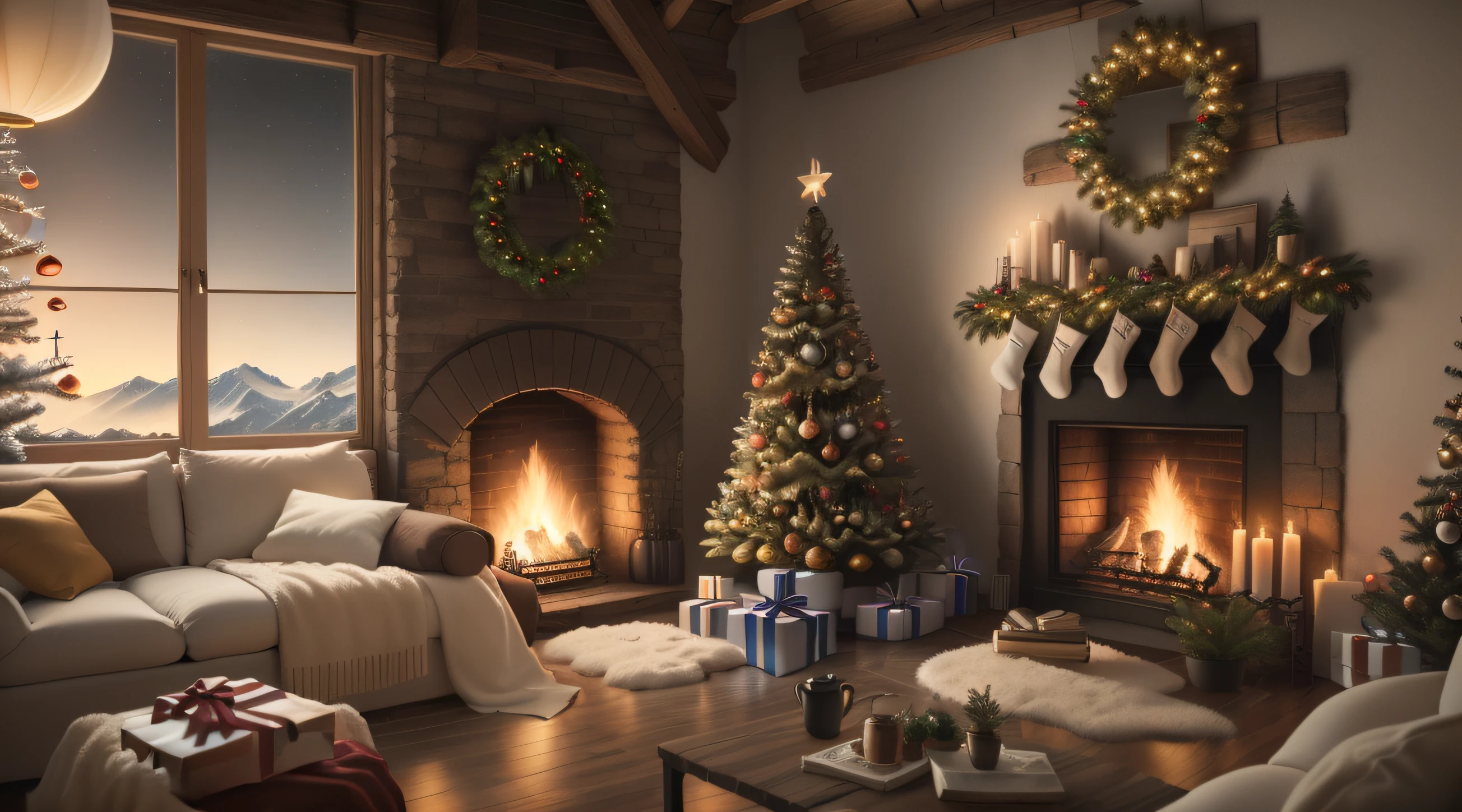 Christmas tree in the living room with gifts and fireplace, A hyper-realistic, rendered in unreal 5, ultra realistis, Semi-realistic render, christmas night, rendered in unreal engine 6, cozy home background, with photorealistic lighting, realistic 3 d style, photoreal render, Рендеринг в 8k Unreal Engine, rendered in unreal engine 5