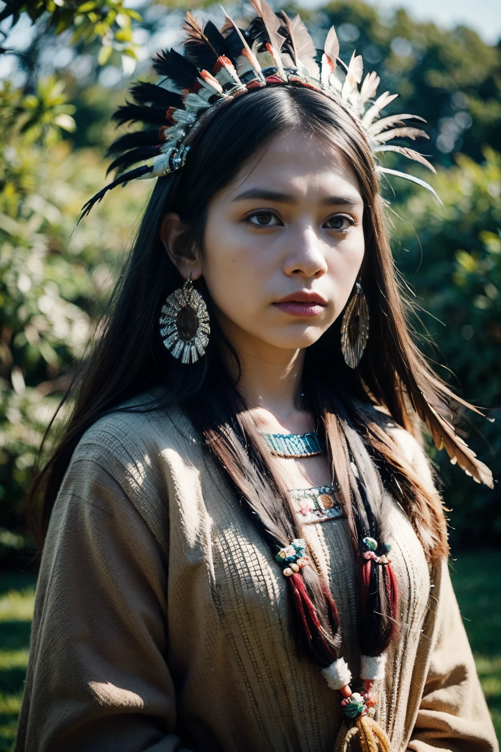 8k, highest quality, ultra details, North American indigenous woman, traditional Native American regalia, intricate beadwork, feathered headdress, strong and stoic expression, deep connection to the land