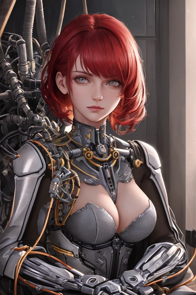 1mechanical girl,((ultra realistic details)), portrait, global illumination, shadows, octane render, 8k, ultra sharp,metal,intricate, ornaments detailed, cold colors, egypician detail, highly intricate details, realistic light, trending on cgsociety, glowing eyes, facing camera, neon details, machanical limbs,blood vessels connected to tubes,mechanical vertebra attaching to back,mechanical cervial attaching to neck,sitting,wires and cables connecting to head, red hair