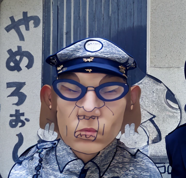 Photorealsitic、white tabby glasses、male people、Guard、Dark blue uniform、Dark Blue Hat、