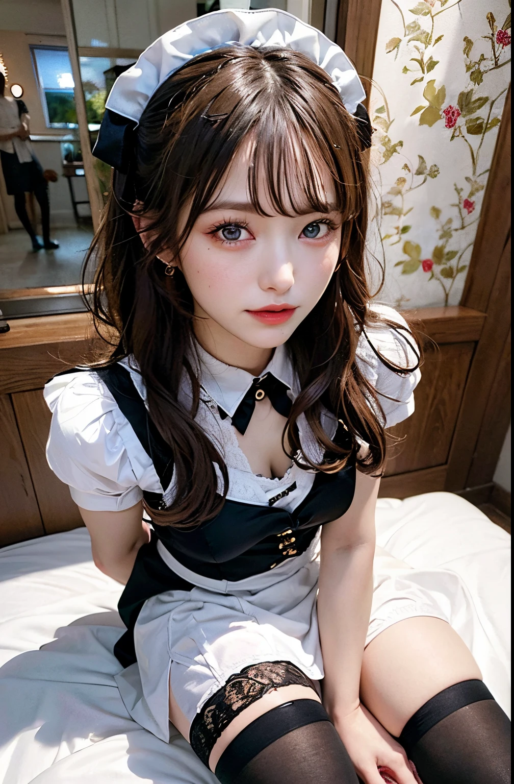 (Ultra Real), (Illustration), (High resolution), (8K), (Very detailed), (Best Illustration), (Beautiful detailed eyes), (Best Quality), (ultra-detailliert), (masutepiece), (Wallpaper), (Detailed face), Solo, One girl, White wavy hair, japanes, Heterochromic eyes, Small moles under the eyes, maid clothes,, Long legs, Tight abs, (Camel toe), (Black stockings), ( )