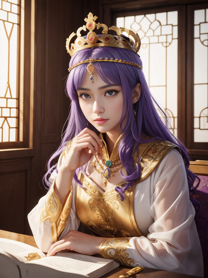 Roman Emperor Constantine the Great。He wears an imperial purple tunic.。He wears on his head a diadema decorated with gold and jewels.。Working at the palace。serious facial expression。looking through the scrolls。early morning。Refreshing and bright room。Luxurious interior。The morning sun shines into the room through the large windows.。​masterpiece。ultra-quality。super glow。Detailed and delicate illustrations。digitalart。