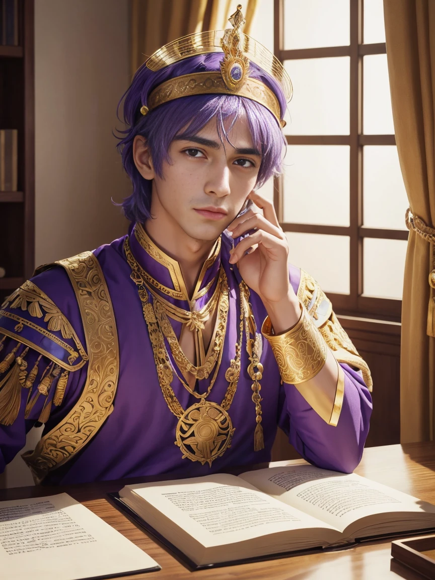 Roman Emperor Constantine the Great。He wears an imperial purple tunic.。He wears on his head a diadema decorated with gold and jewels.。Working at the palace。serious facial expression。looking through the scrolls。early morning。Refreshing and bright room。Luxurious interior。The morning sun shines into the room through the large windows.。masterpiece。ultra-quality。super glow。Detailed and delicate illustrations。digitalart。