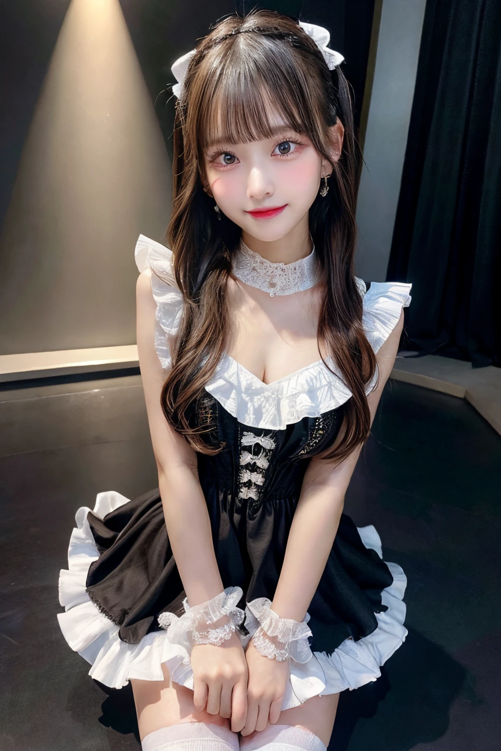 full body Esbian,Many piercings,bangss,top-quality,ultra-detailliert,​masterpiece,realisitic,Photo Real,Bright lighting,1 girl in, (kawaii:1.2),Thin smile, (Brown eyes),(bangss),perfect glossy skin,flawless skin,large full breasts,((accurate hands without incongruity)), big breasts thin waist, Look at viewers,full body Esbian,Idol Costumes,dress with ruffles,knee high socks,stage,illuminating,Eye lashes,dual,17 years old girl,a baby face,Straight hair,