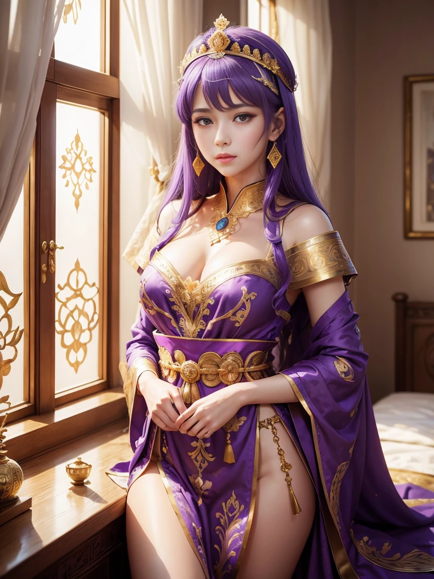 Roman Emperor Constantine the Great。He wears an imperial purple tunic.。He wears on his head a diadema decorated with gold and jewels.。Working at the palace。serious facial expression。looking through the scrolls。early morning。Refreshing and bright room。Luxurious interior。The morning sun shines into the room through the large windows.。masterpiece。ultra-quality。super glow。Detailed and delicate illustrations。digitalart。