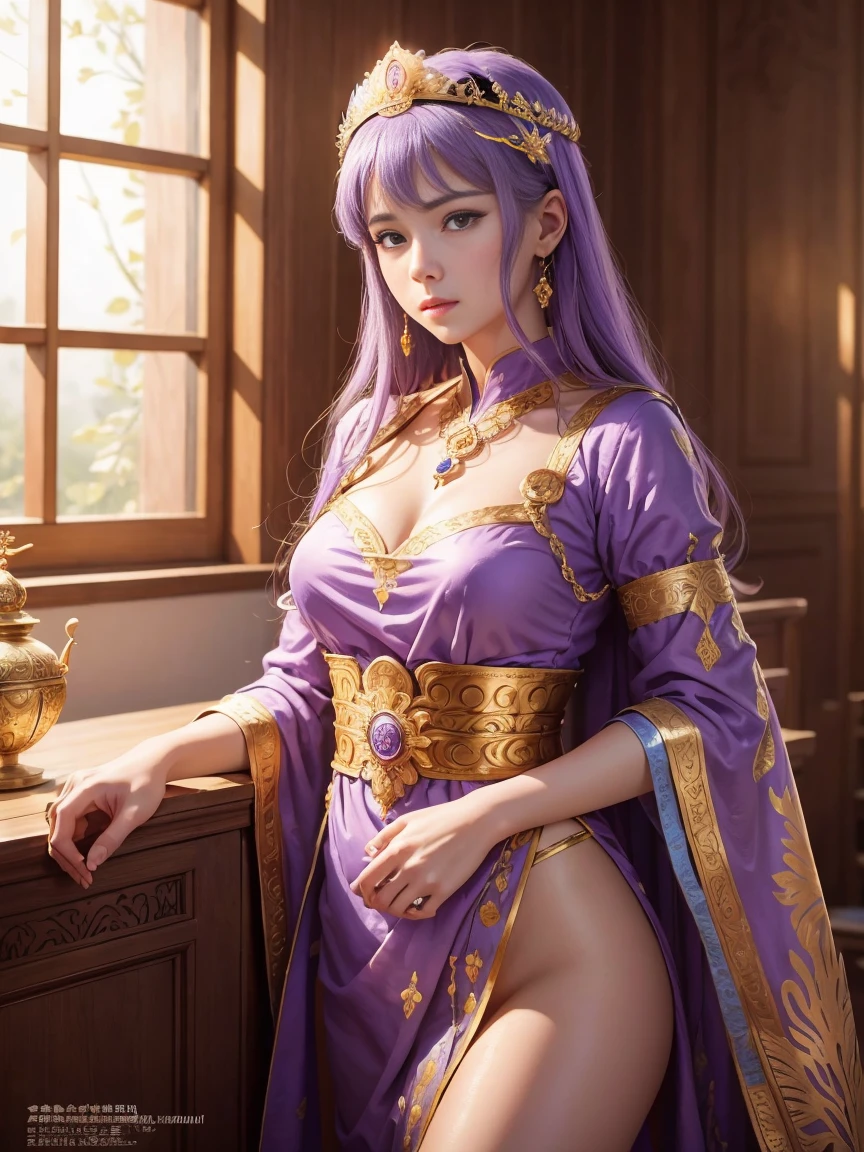(photo realistic1.2),ultra detailed,(8K),(1girl),(Fantasy:1.5),(bed),Clothing with low sheen,(wizard costume:1.5),Enchanted Wands,Sorcerer's Spellbook,(Wizard's Hat:1.2),topless, (small nipples), (big breasts: 1.2),nude gravure, beautiful Japanese, clothes in disarray,earrings,(from above:1.5),(looking at viewer),(kneeling pose),smirk,(upper body),(purple hair),(short hair),26years old,