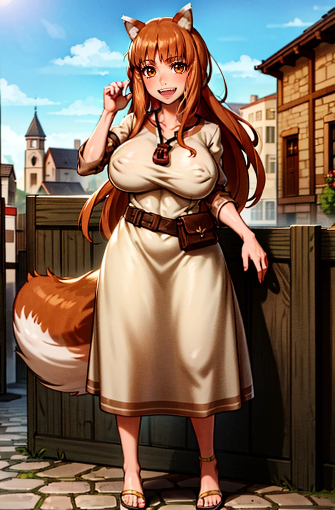 (holo:1.5), (holoBrownDress:1.5), masterpiece, best quality, absurdres, 1girl, looking at viewer, standing, cowboy shot, outdoors, medieval, cobblestone street, town, pouch, sash, smile, fruit, apple, basket,huge breast, curvy, silver hair, white hair, full body, flipflops,, smiling open mouth, fengs, teeth