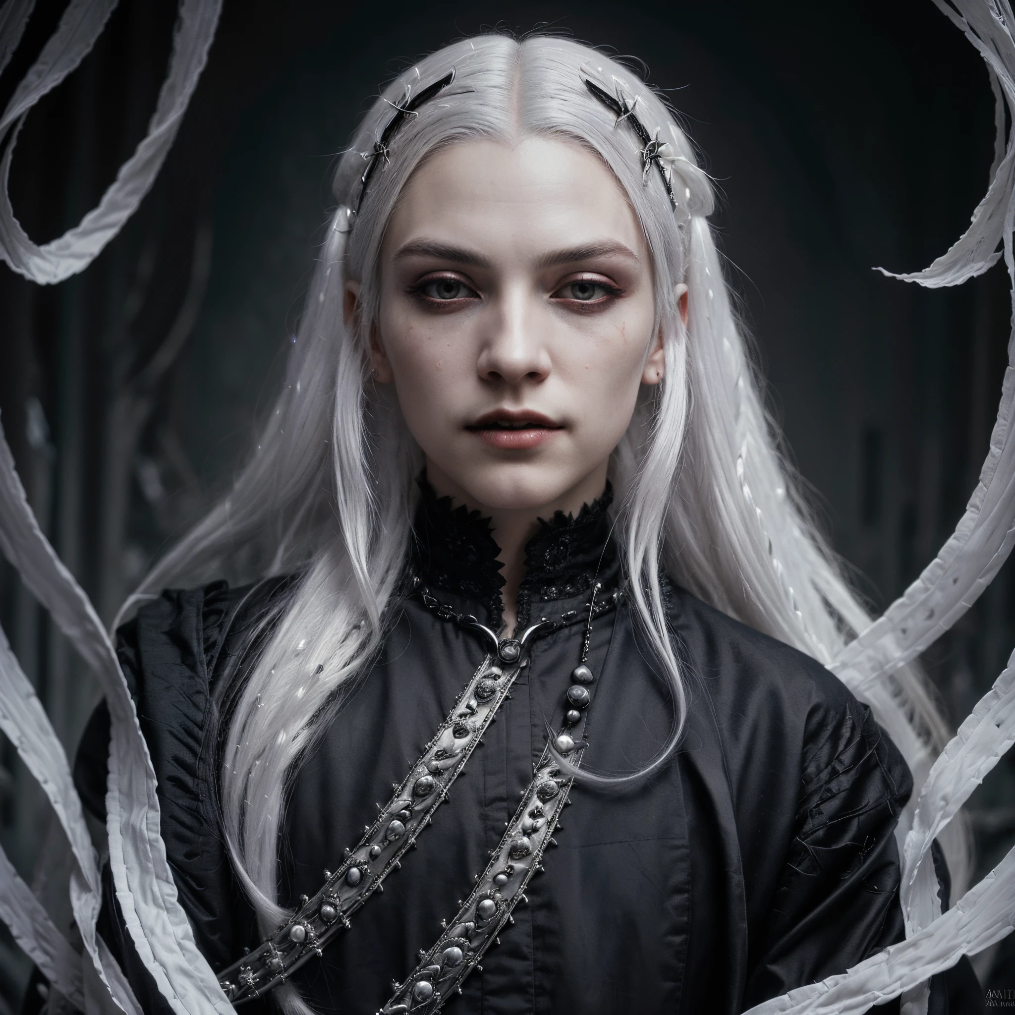 Insanely detailed photograph of a gorgeous vampire man, goth Renaissance, long voluminous white hair, intricate white eyes, fantastical, vampire, ethereal, hyperdetailed, 32k resolution, dynamic lighting, hyperdetailed, intricately detailed, trending on Artstation, triadic colors, volumetric lighting, BalenciagaStyle